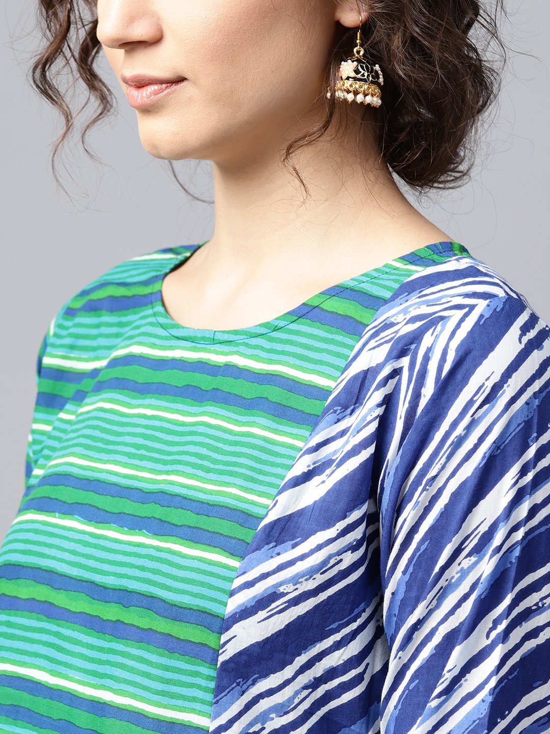 Women's Blue & Green striped 3/4th sleeve cotton Anarkali kurta - Nayo Clothing