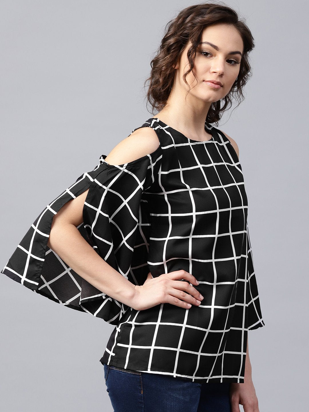 Women's Black Checked 3/4Th Sleeve Cold Shoulder Crepe Tunic - Nayo Clothing