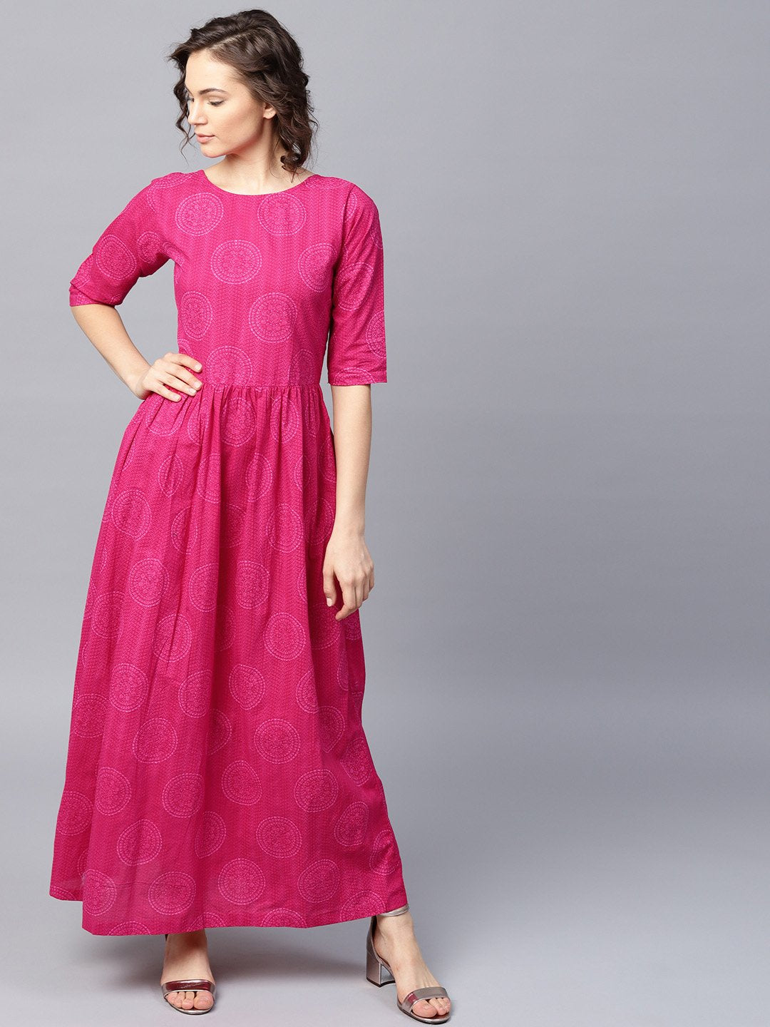 Women's Pink Printed Half Sleeve Cotton Flared Maxi Dress - Nayo Clothing
