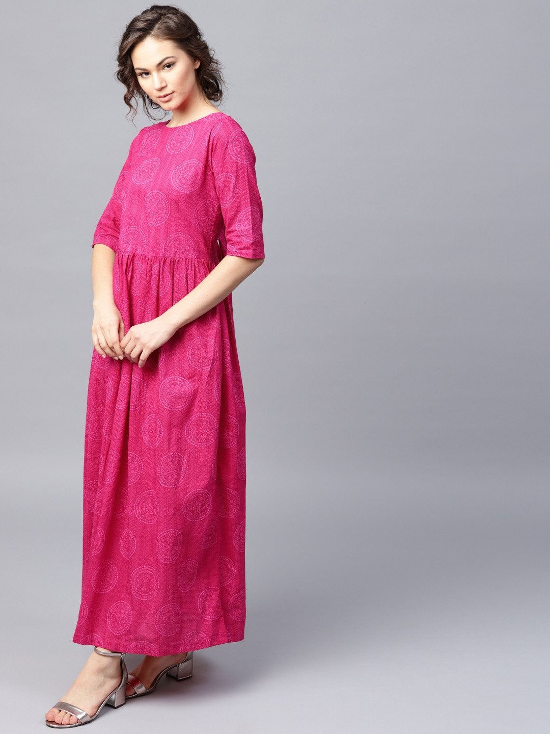 Women's Pink Printed Half Sleeve Cotton Flared Maxi Dress - Nayo Clothing