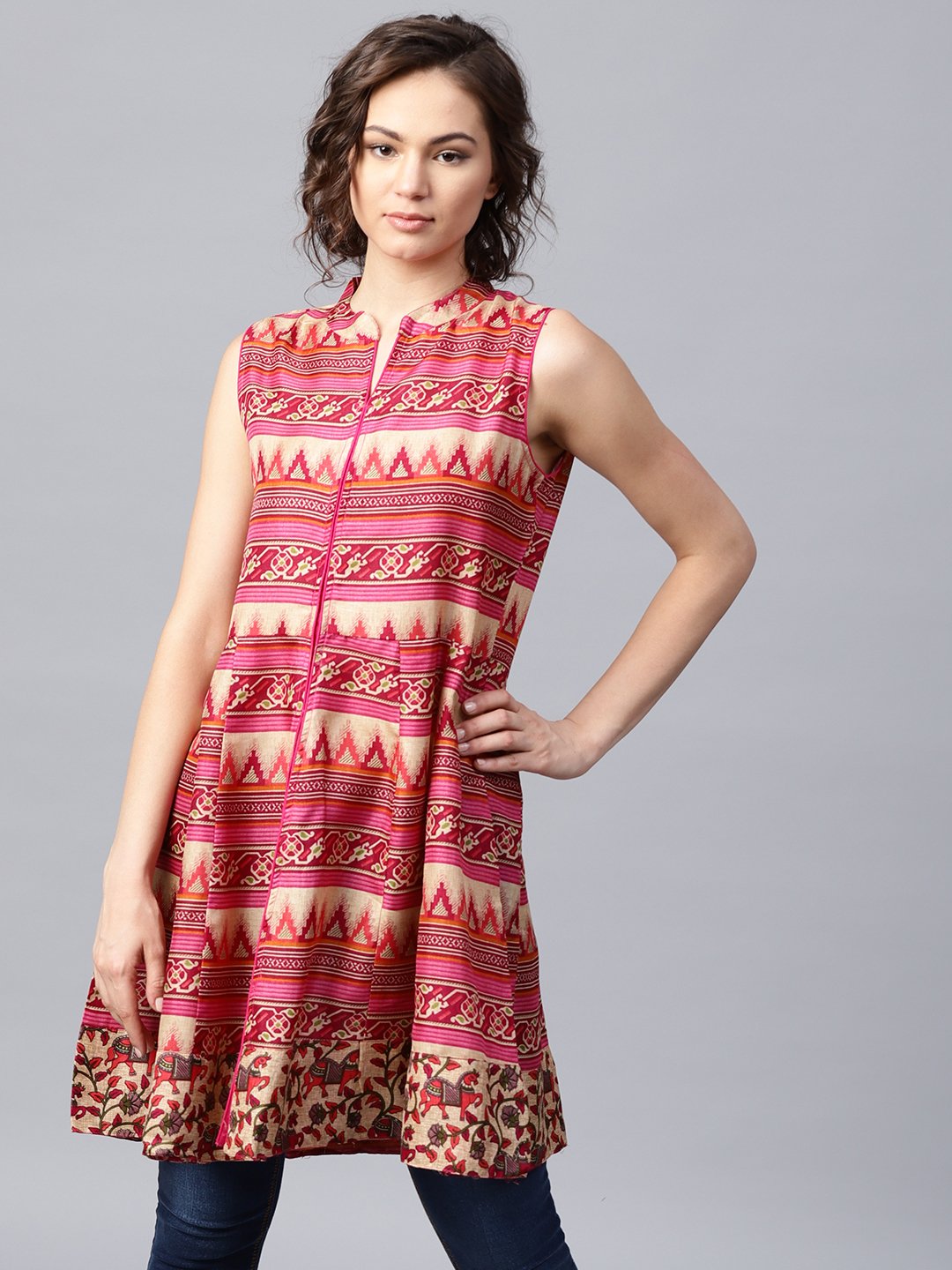 Women's Pink And Blue Printed Sleeveless Cotton Maxi Dress With Pocket - Nayo Clothing