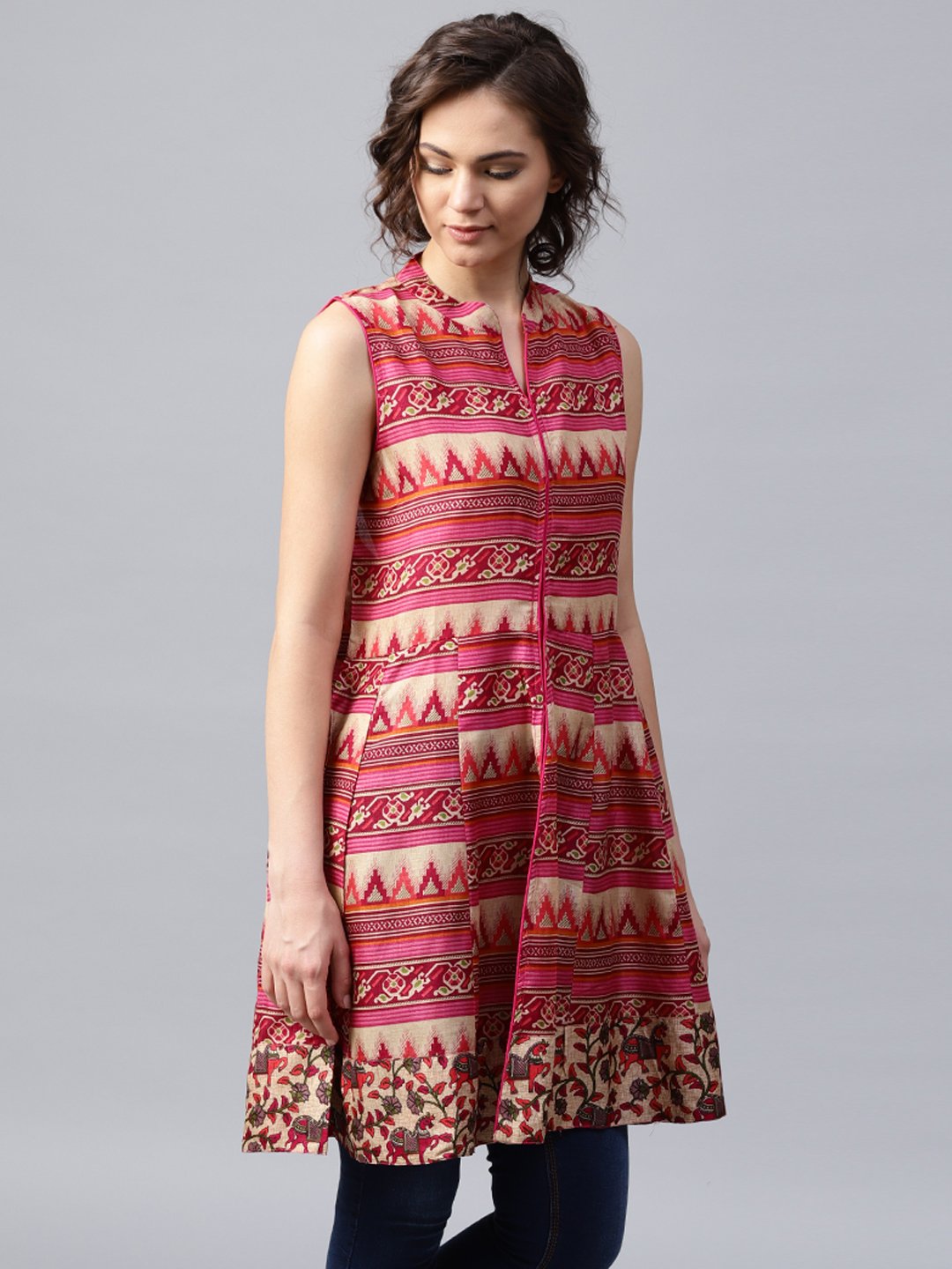 Women's Pink And Blue Printed Sleeveless Cotton Maxi Dress With Pocket - Nayo Clothing