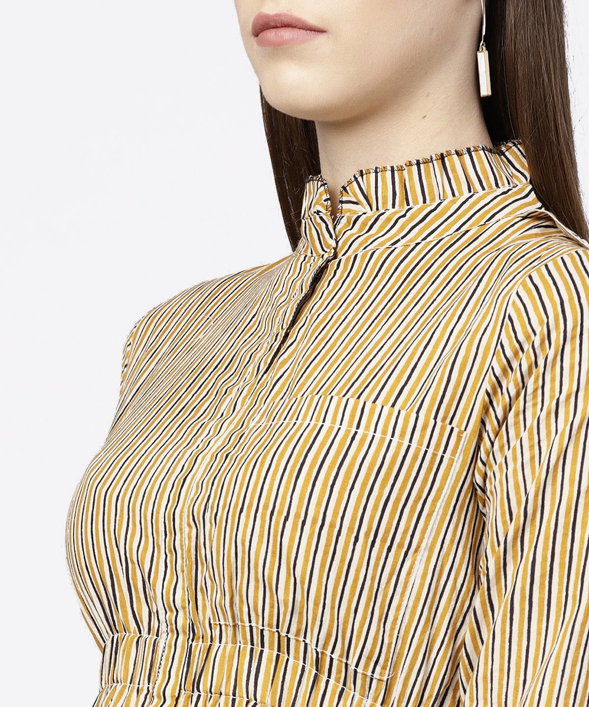 Women's Yellow 3/4Th Sleeve Striped Cotton Dress - Nayo Clothing