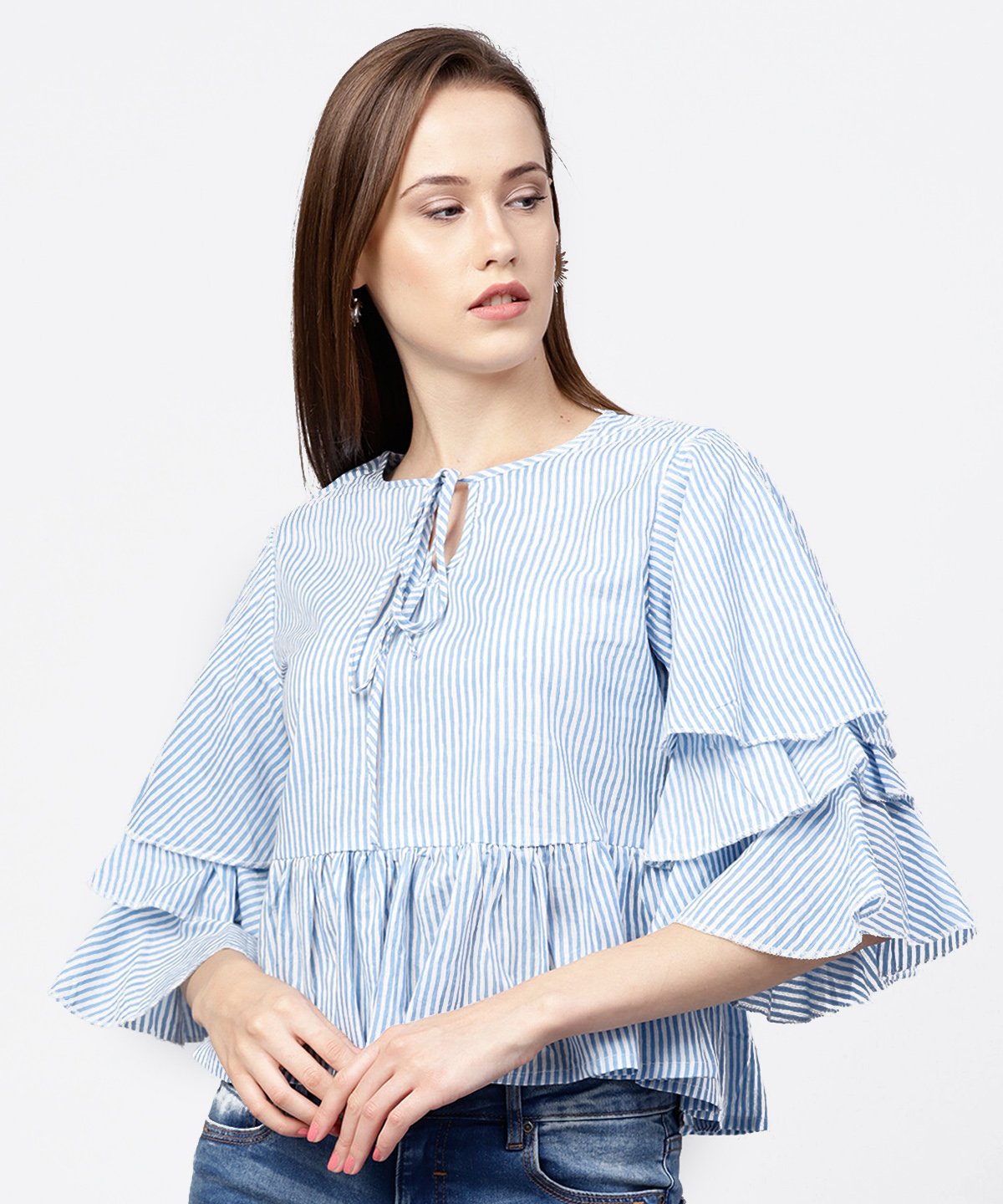 Women's Blue Striped 3/4Th Umbrella Sleeves Cotton A-Line Tops - Nayo Clothing