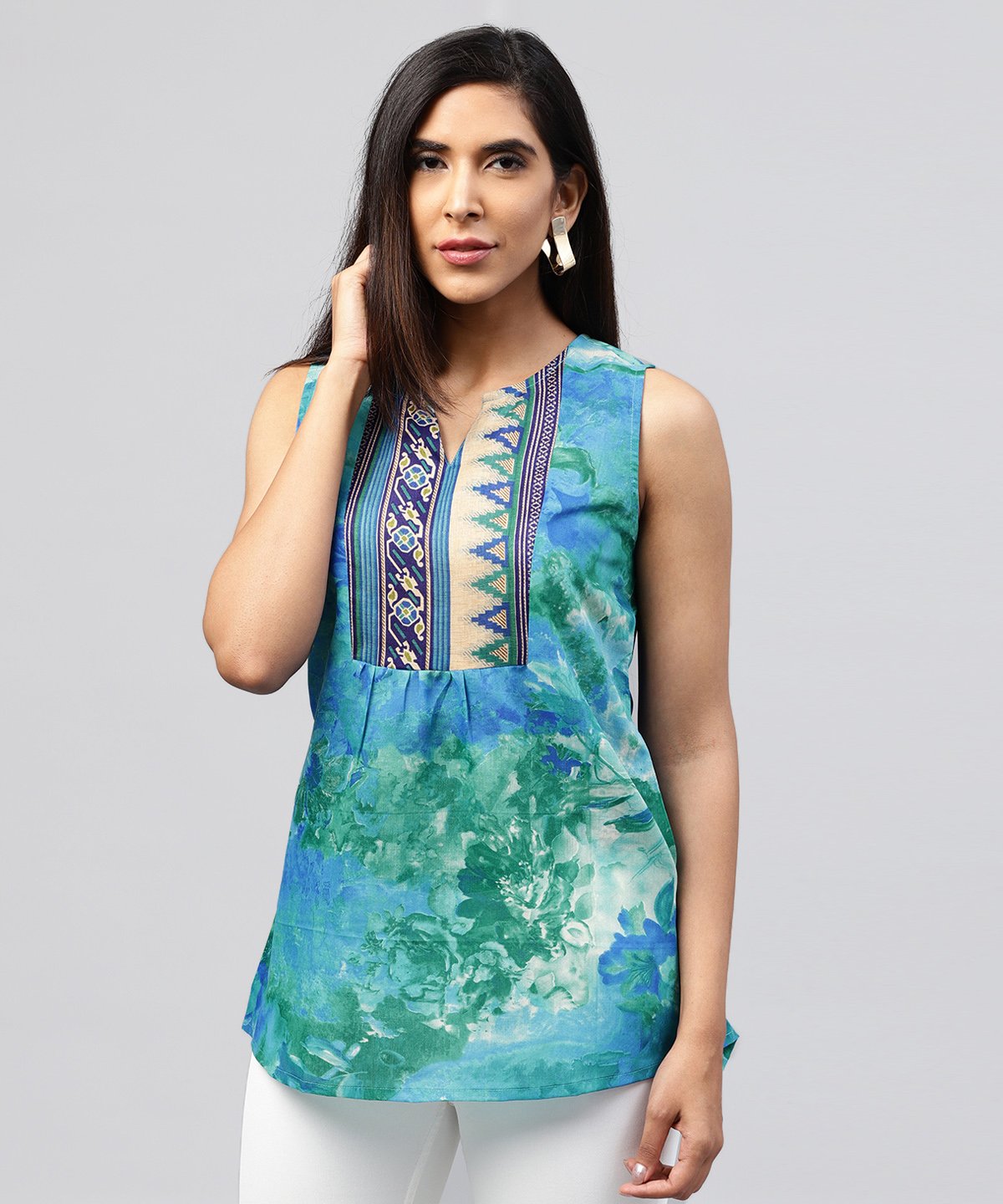 Women's Blue Banglori Printed Sleeveless Tops - Nayo Clothing