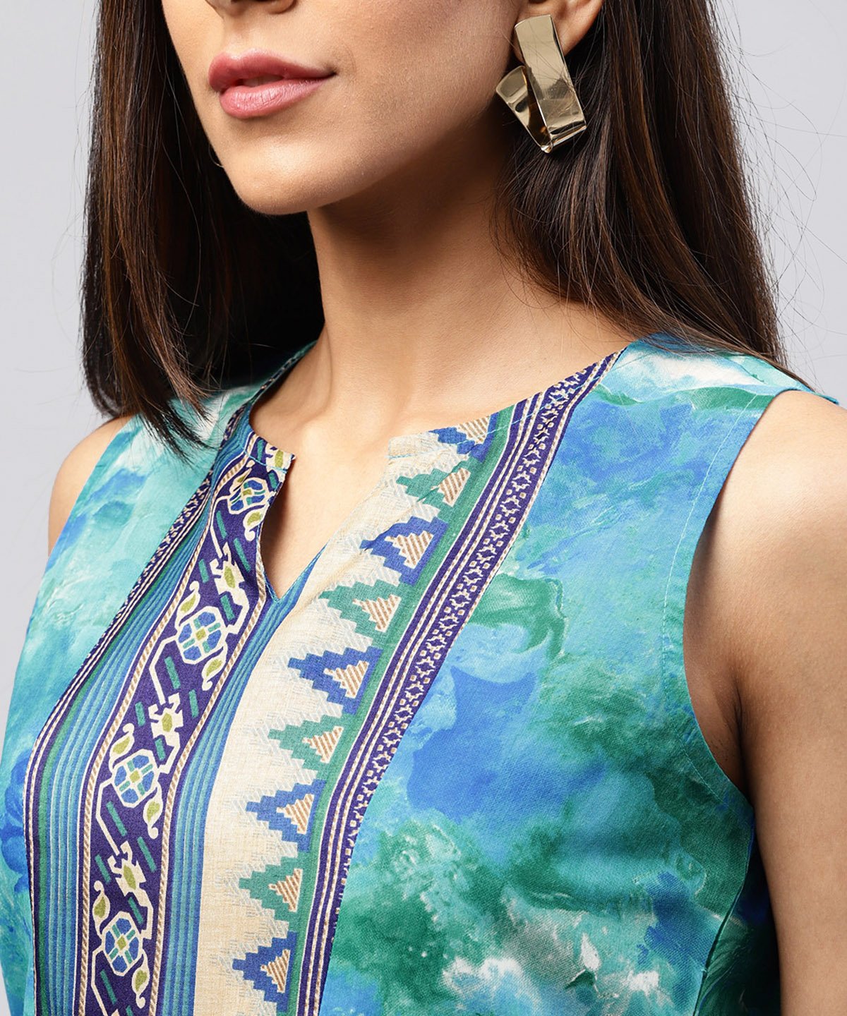 Women's Blue Banglori Printed Sleeveless Tops - Nayo Clothing