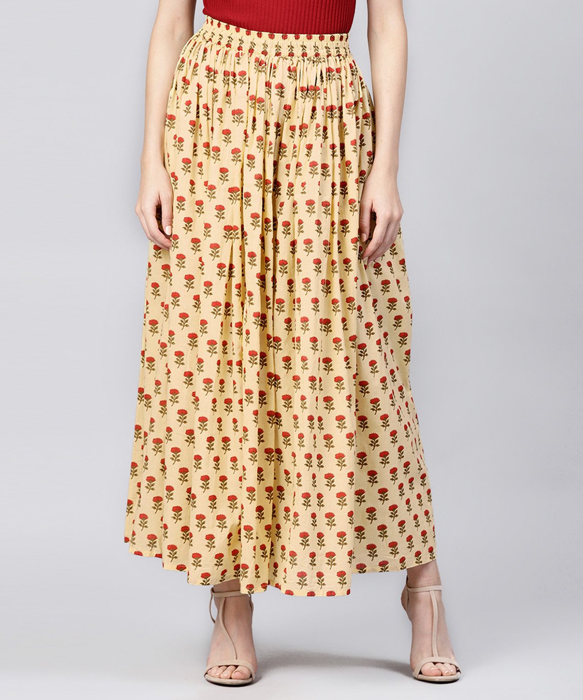 Women's Yellow Printed Cotton Ankle Length Flared Skirt - Nayo Clothing