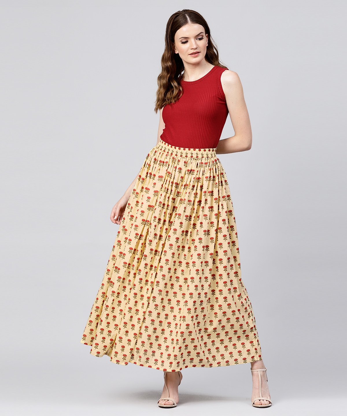 Women's Yellow Printed Cotton Ankle Length Flared Skirt - Nayo Clothing
