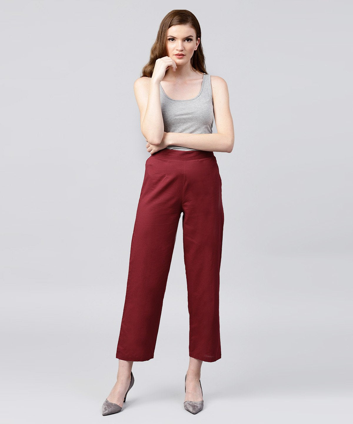 Women's Solid Maroon Ankle Length Cotton Regular Fit Trouser - Nayo Clothing