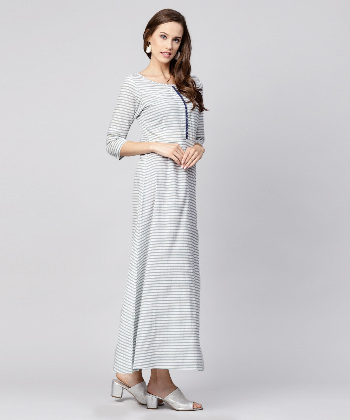 Women's Blue Striped 3/4Th Sleeve Cotton A-Line Maxi Dress - Nayo Clothing