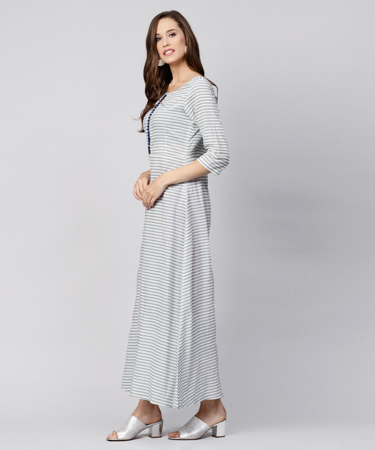 Women's Blue Striped 3/4Th Sleeve Cotton A-Line Maxi Dress - Nayo Clothing