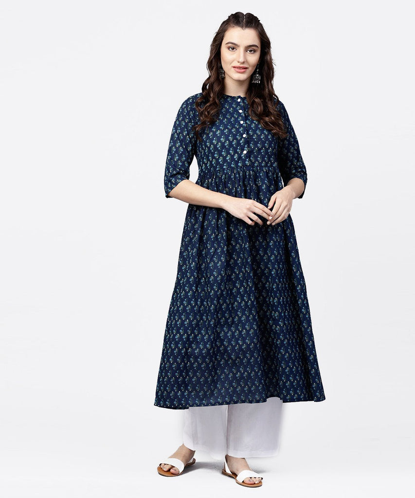 Women's Blue printed gathered A-line kurta with white palazzo