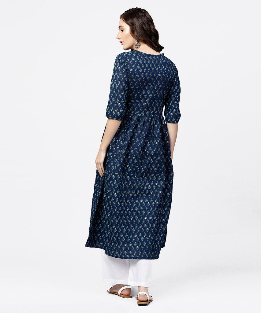 Women's Blue printed gathered A-line kurta with white palazzo