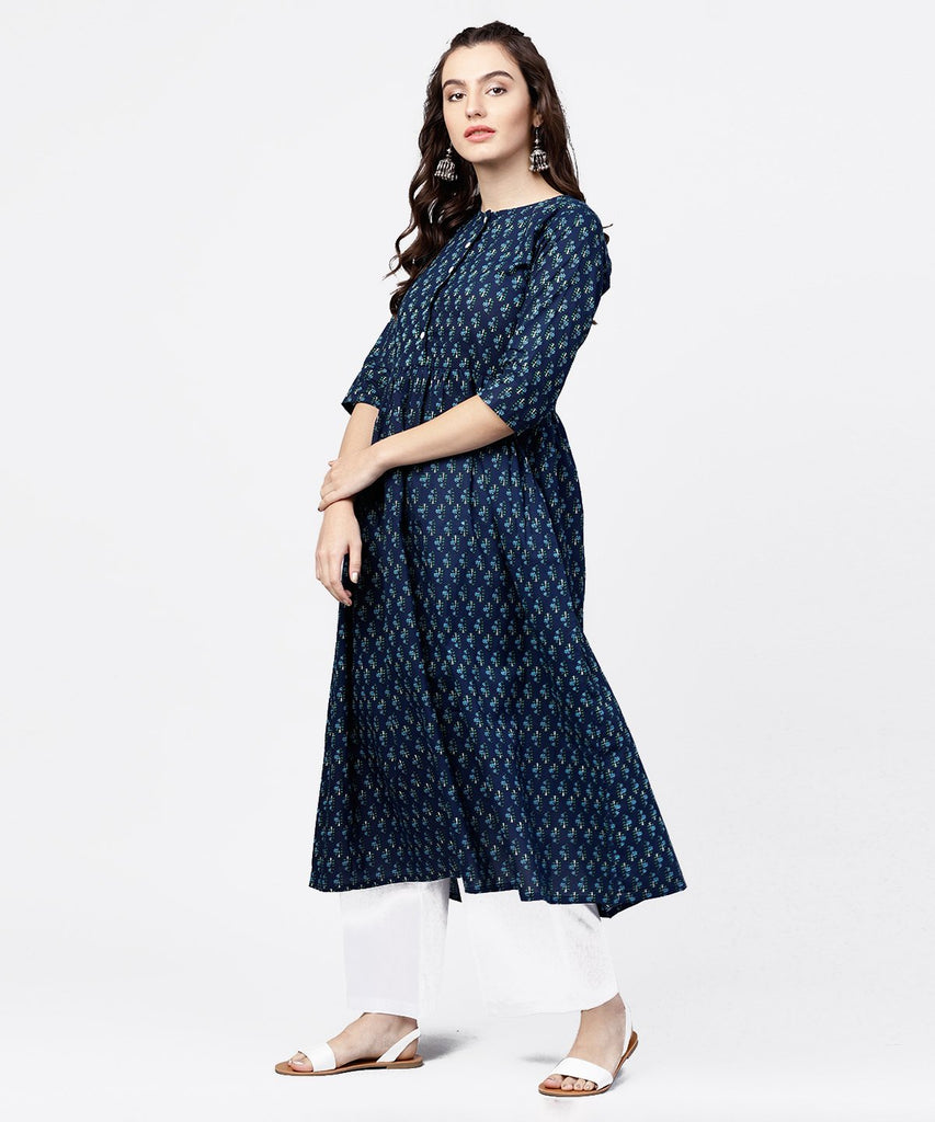 Women's Blue printed gathered A-line kurta with white palazzo