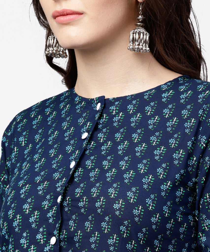 Women's Blue printed gathered A-line kurta with white palazzo