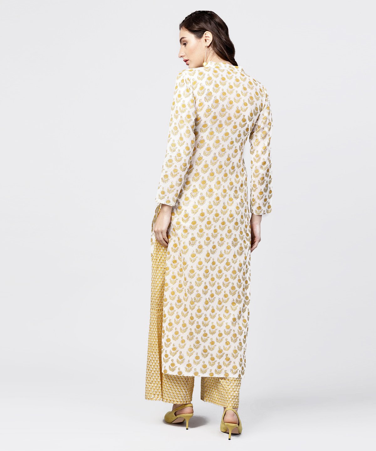Women's Yellow Printed 3/4Th Sleeve Straight Kurta With Printed Palazzo Set - Nayo Clothing