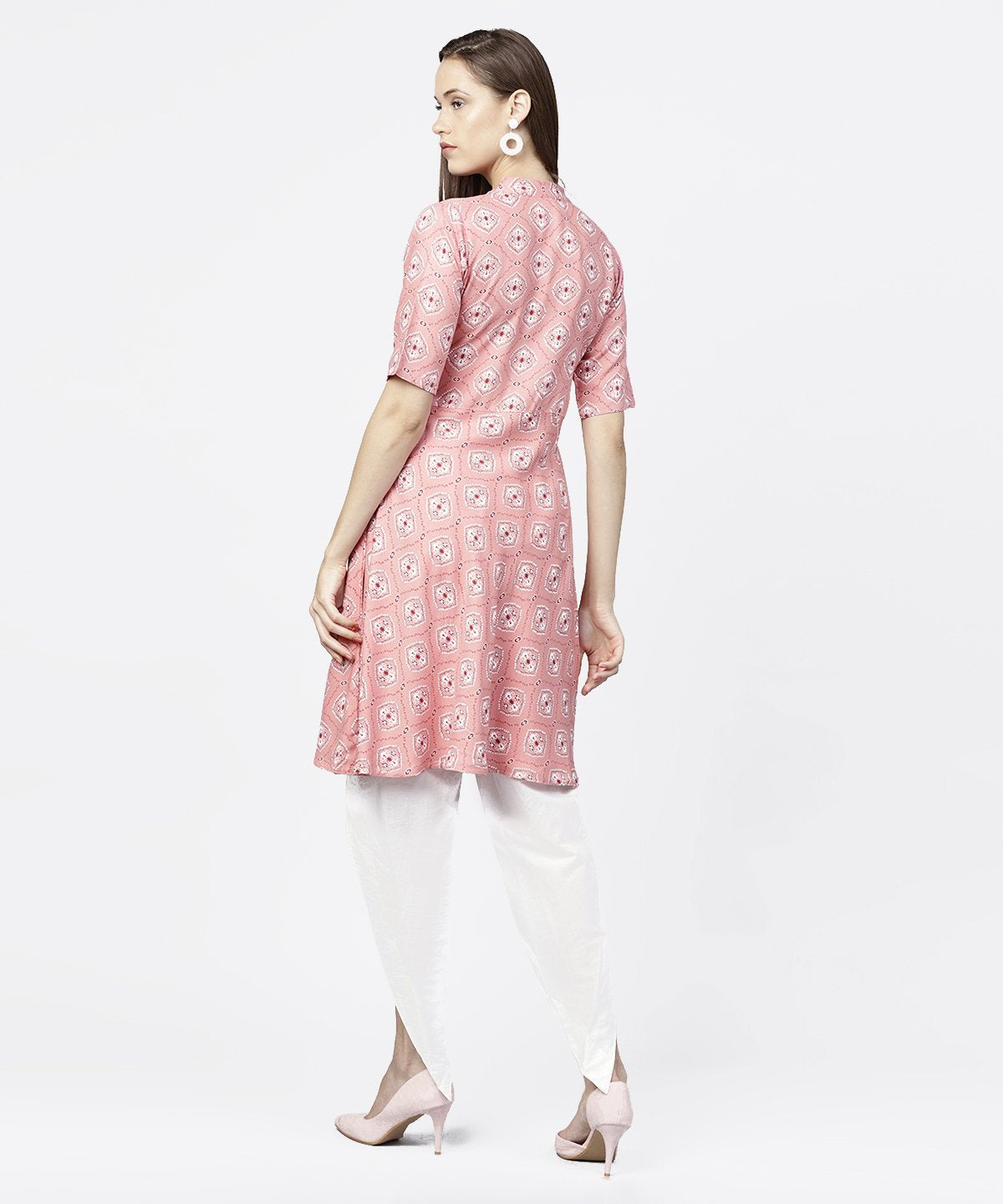 Women's Peach Printed Half Sleeve Short Anarkali Kurta - Nayo Clothing