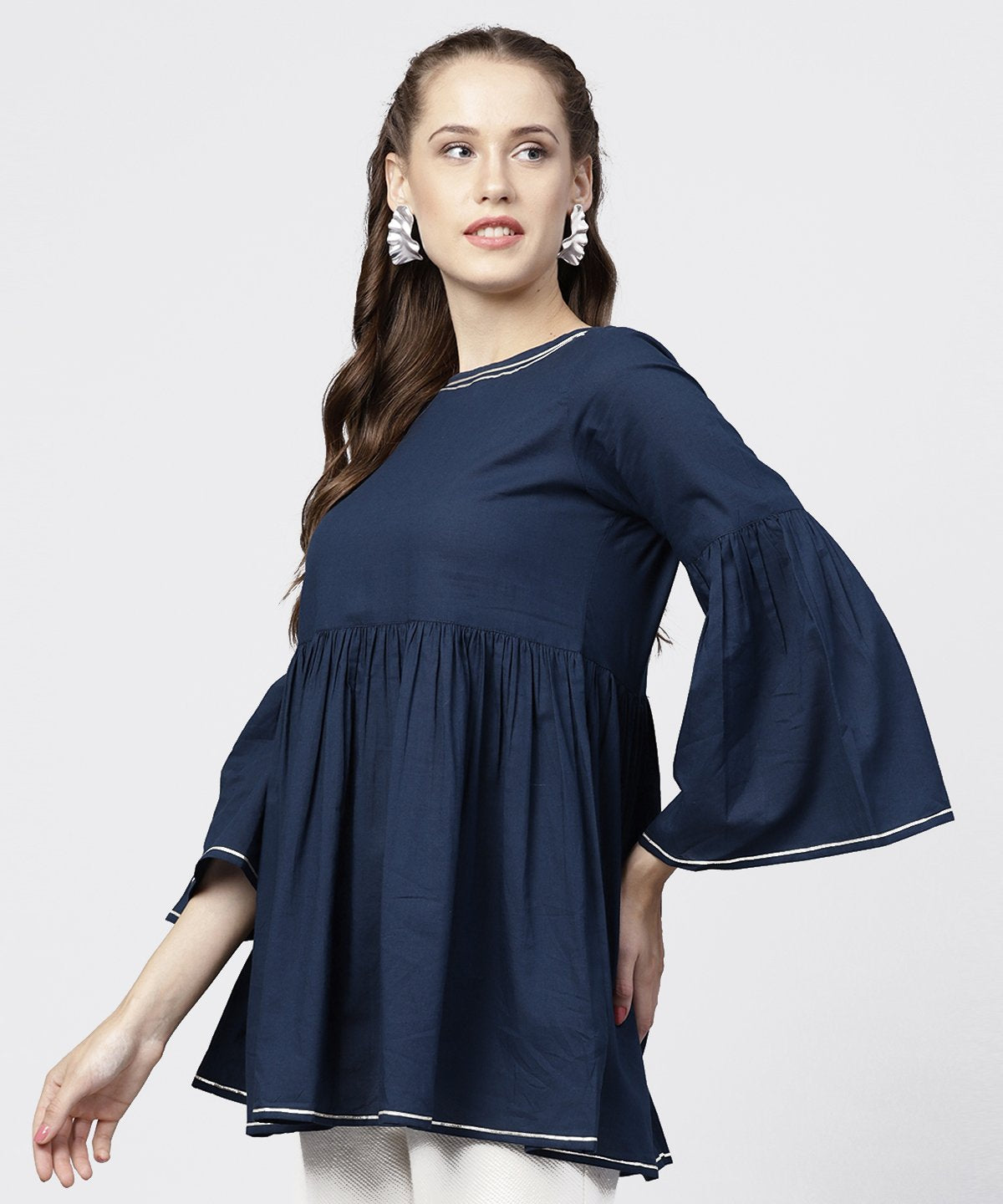 Women's Solid Round Neck With Gathers And 3/4Th Flared Sleeves Tunic - Nayo Clothing