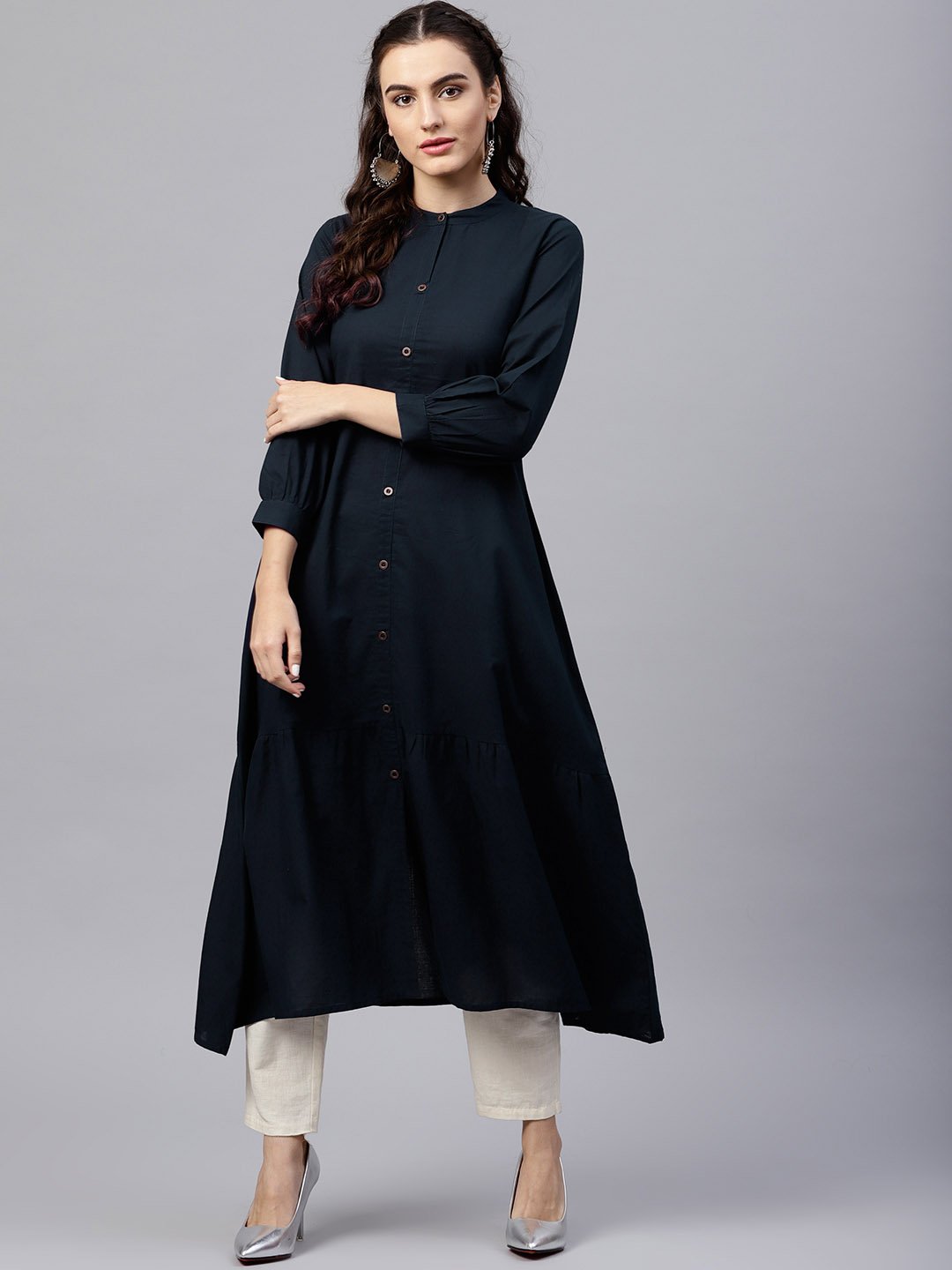 Women's Navy Blue Round Neck A-Line Kurta With Front Placket And Cuffed Full Sleeves - Nayo Clothing