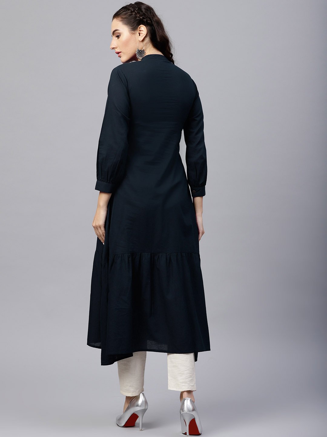 Women's Navy Blue Round Neck A-Line Kurta With Front Placket And Cuffed Full Sleeves - Nayo Clothing