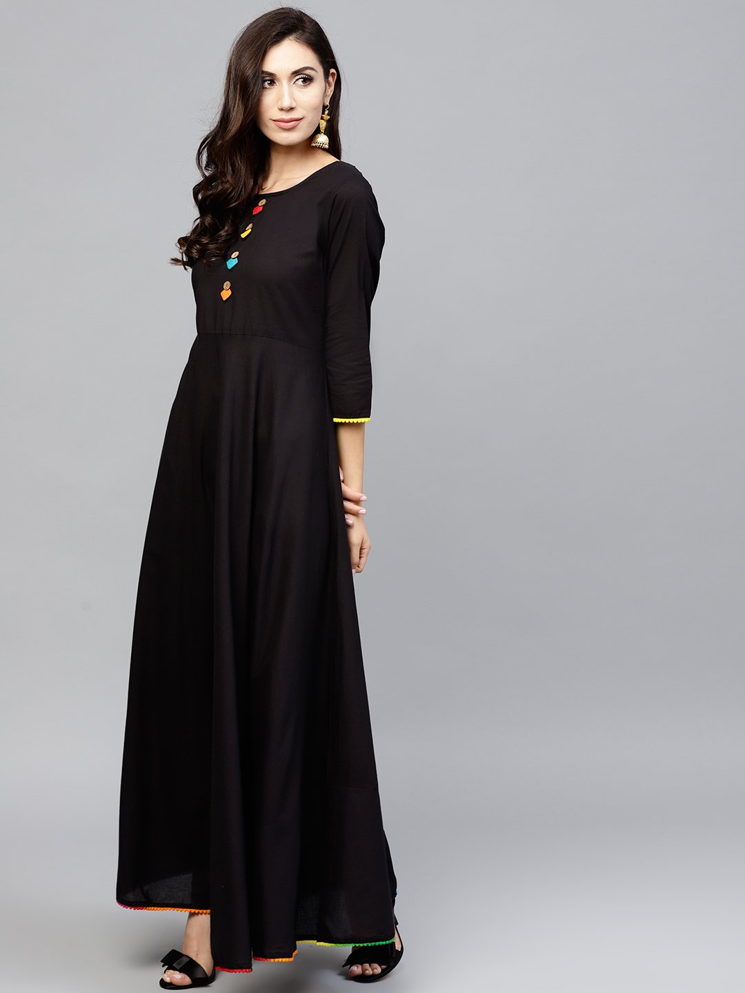 Women's Black maxi dress with with round neck and 3/4 sleeves - Nayo Clothing