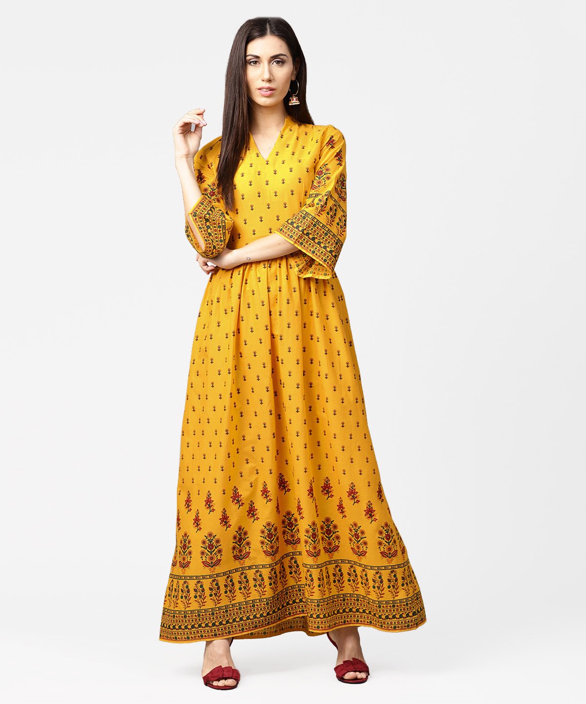Women's Yellow Printed 3/4Th Flared Sleeve Cotton Maxi Dress - Nayo Clothing