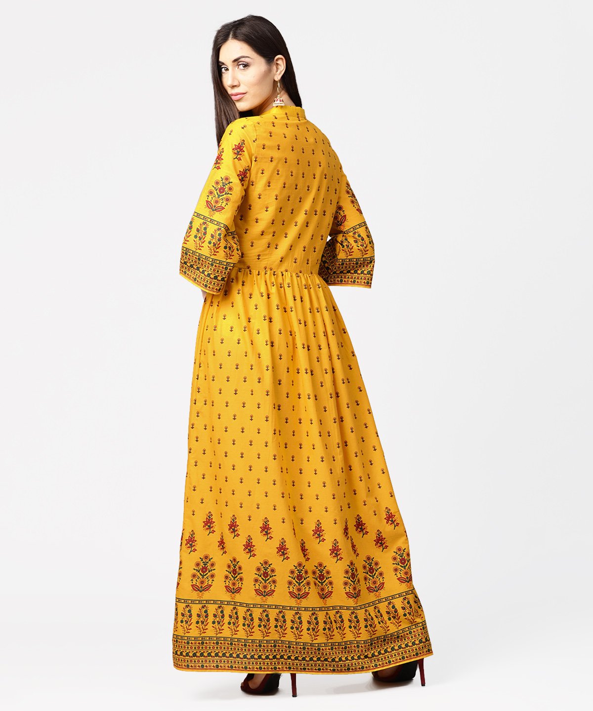 Women's Yellow Printed 3/4Th Flared Sleeve Cotton Maxi Dress - Nayo Clothing