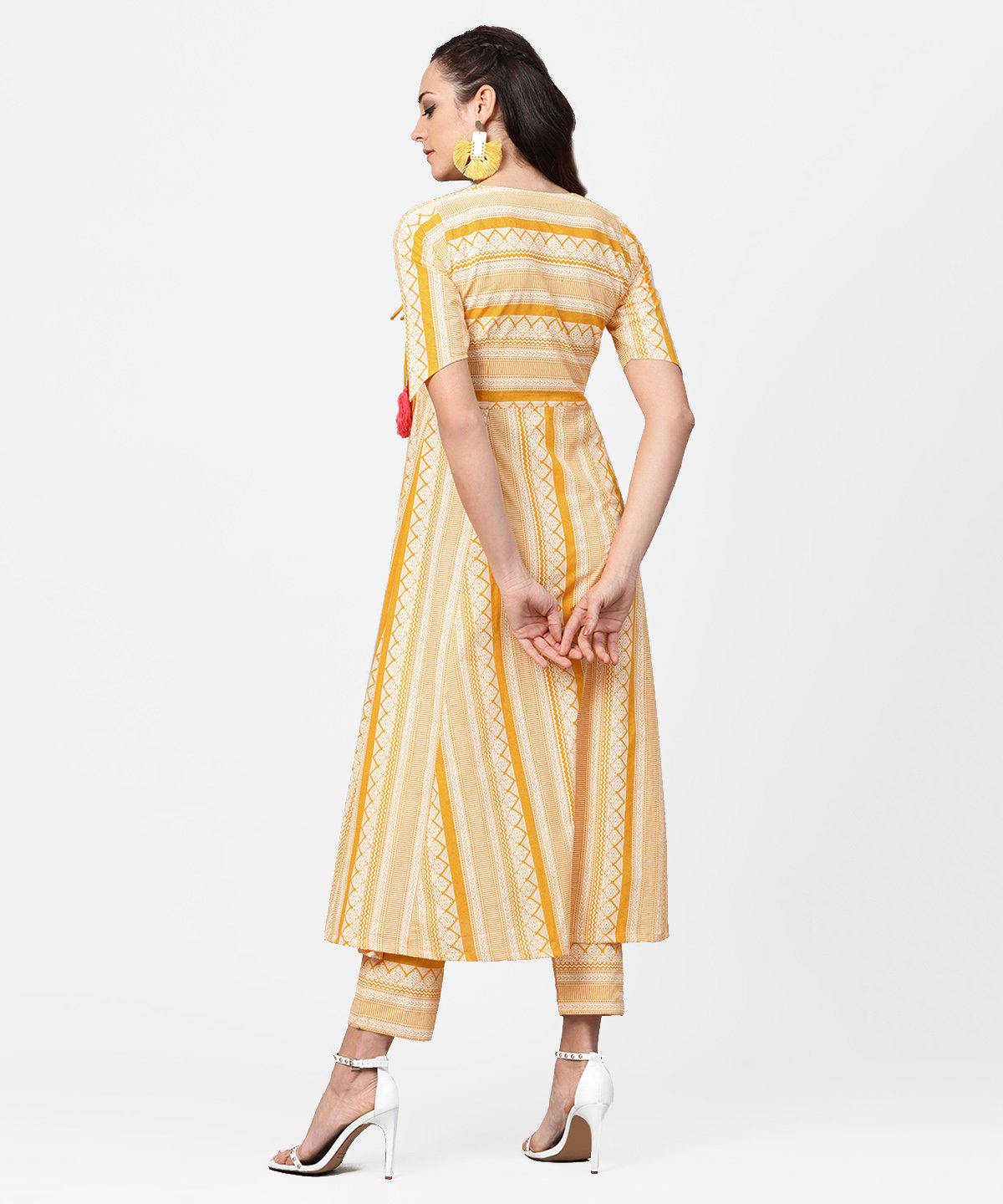 Women's Yellow Printed Half Slevee Cotton A-Line Kurta With Dori Work With Ankle Length Pant - Nayo Clothing