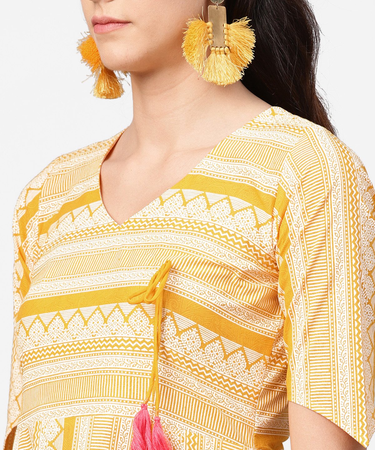 Women's Yellow Printed Half Slevee Cotton A-Line Kurta With Dori Work With Ankle Length Pant - Nayo Clothing