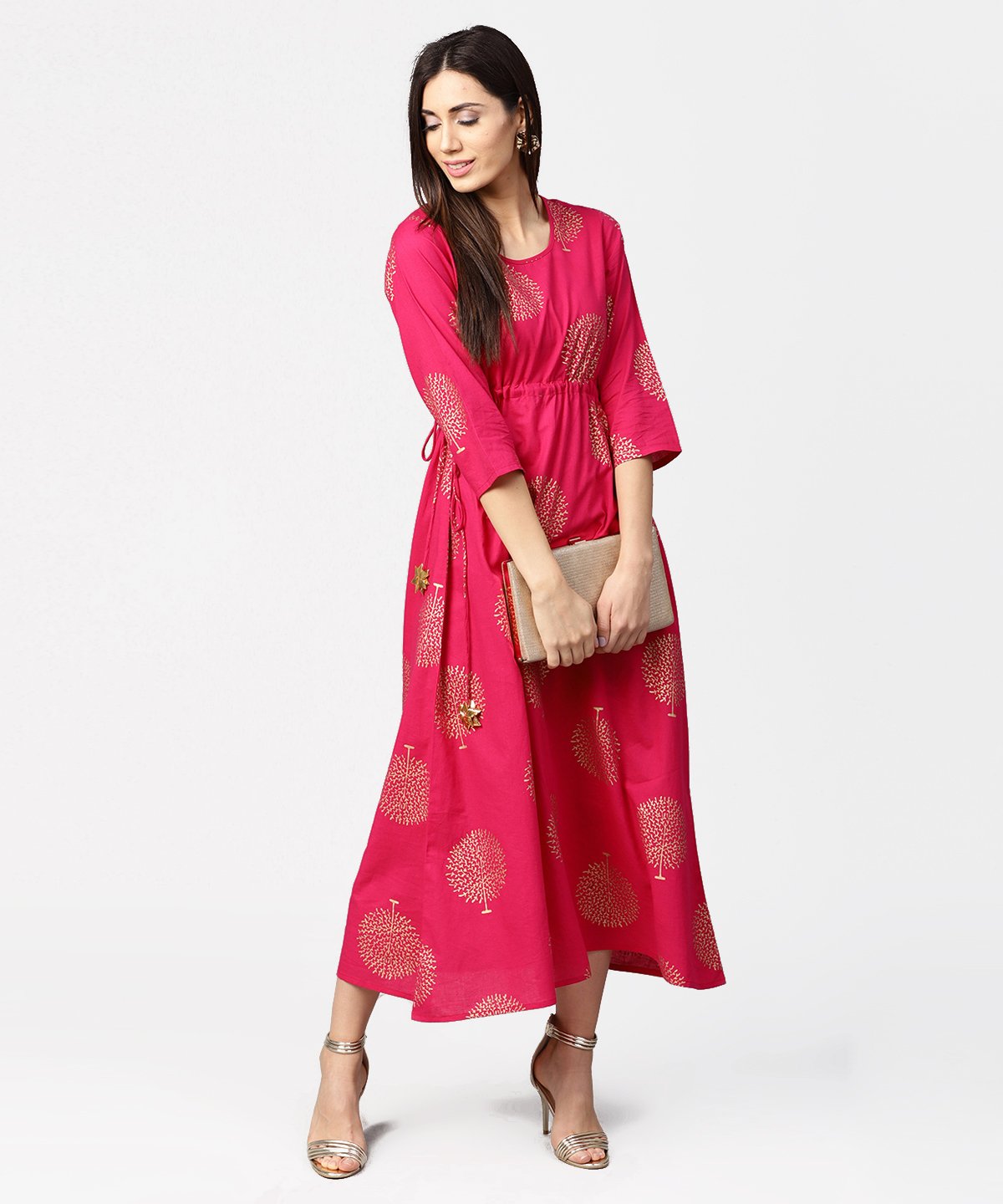 Women's Red 3/4Th Sleeve Cotton Maxi Dress With Elastic At West & Latkan - Nayo Clothing