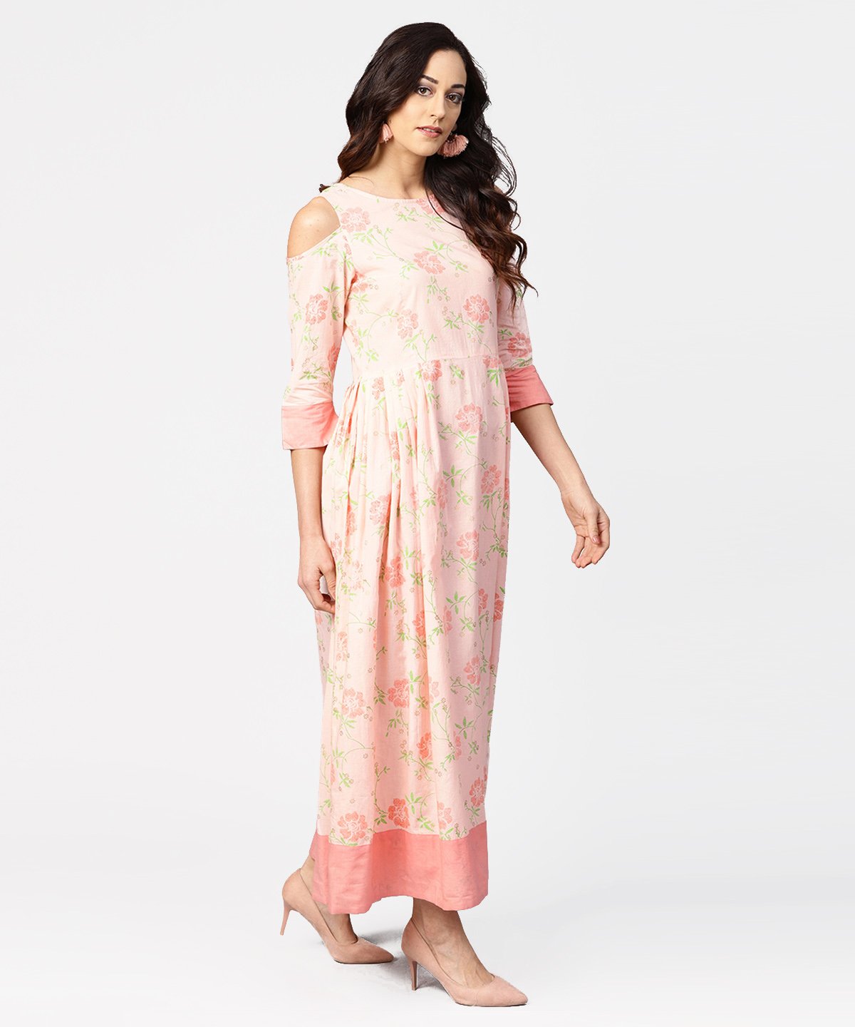 Women's Peach Printed 3/4Th Cold Shoulder Sleeve Maxi Dress - Nayo Clothing