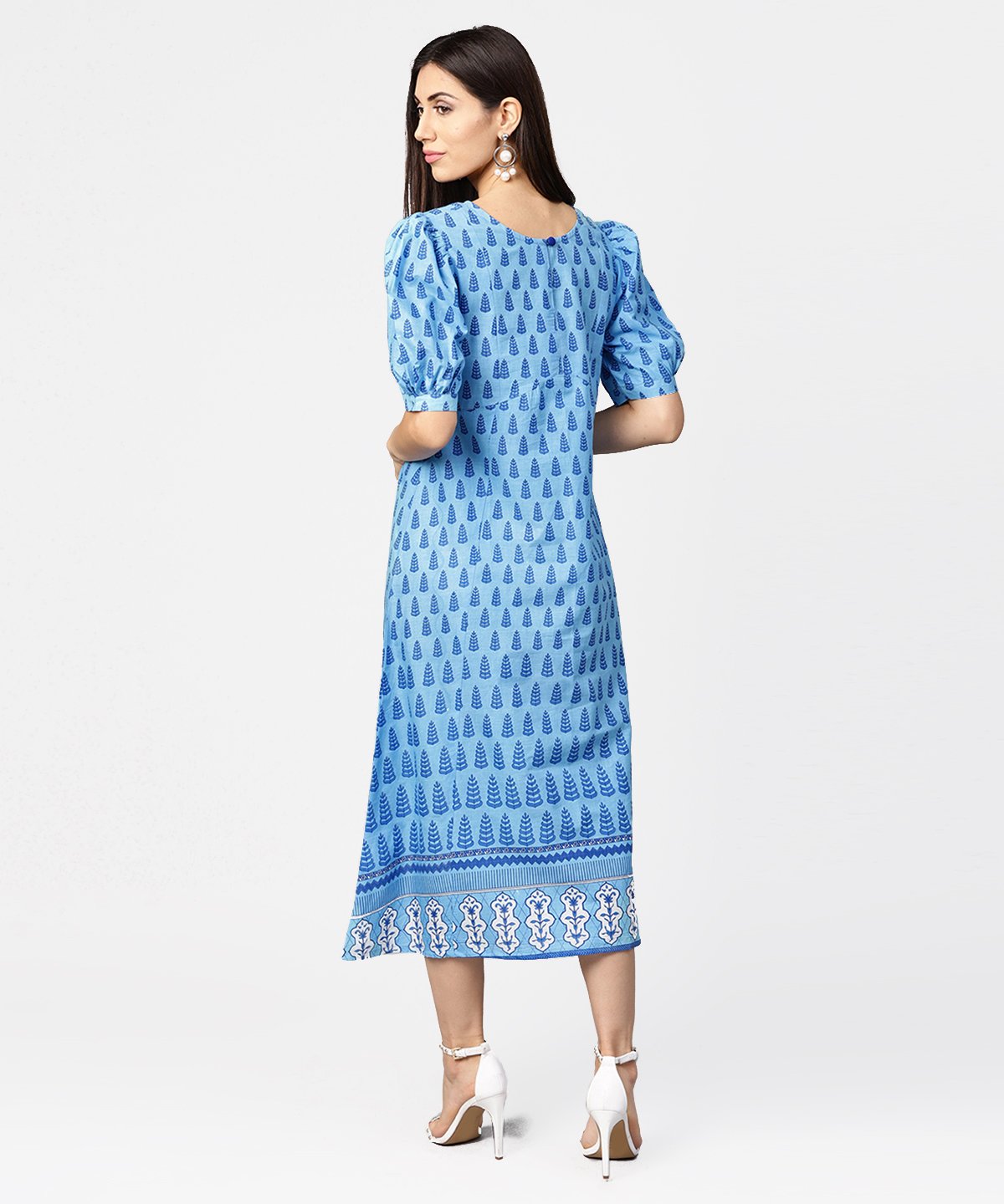 Women's Blue Printed Ballon Style Puff Sleeve Cotton A-Line Dress - Nayo Clothing