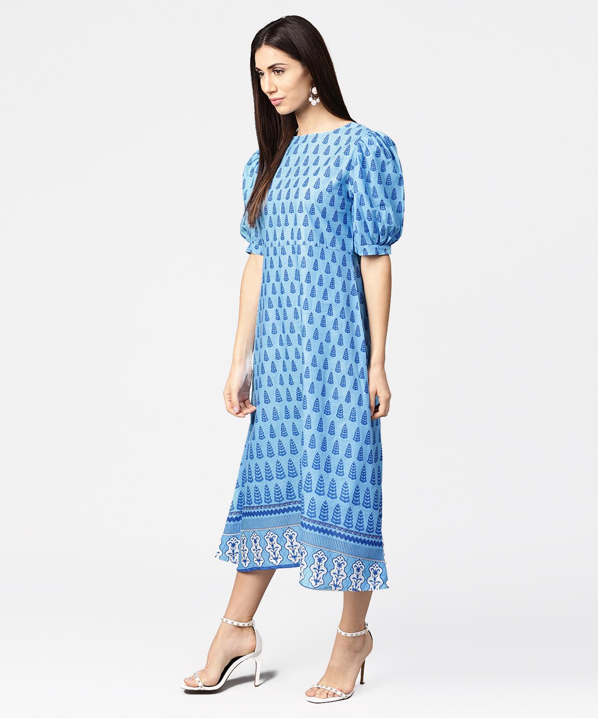 Women's Blue Printed Ballon Style Puff Sleeve Cotton A-Line Dress - Nayo Clothing