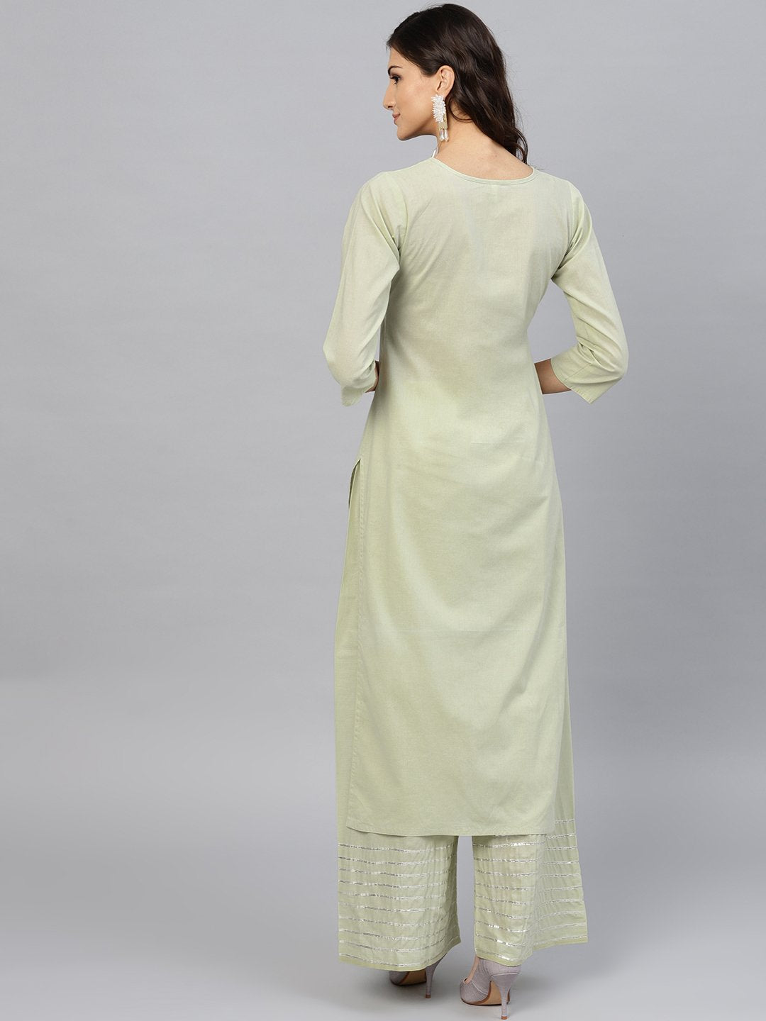 Women's Pastel Green 3/4Th Sleeve Cotton Kurta With Gotta Patti Work At Yoke And Ankle Length Palazzo - Nayo Clothing