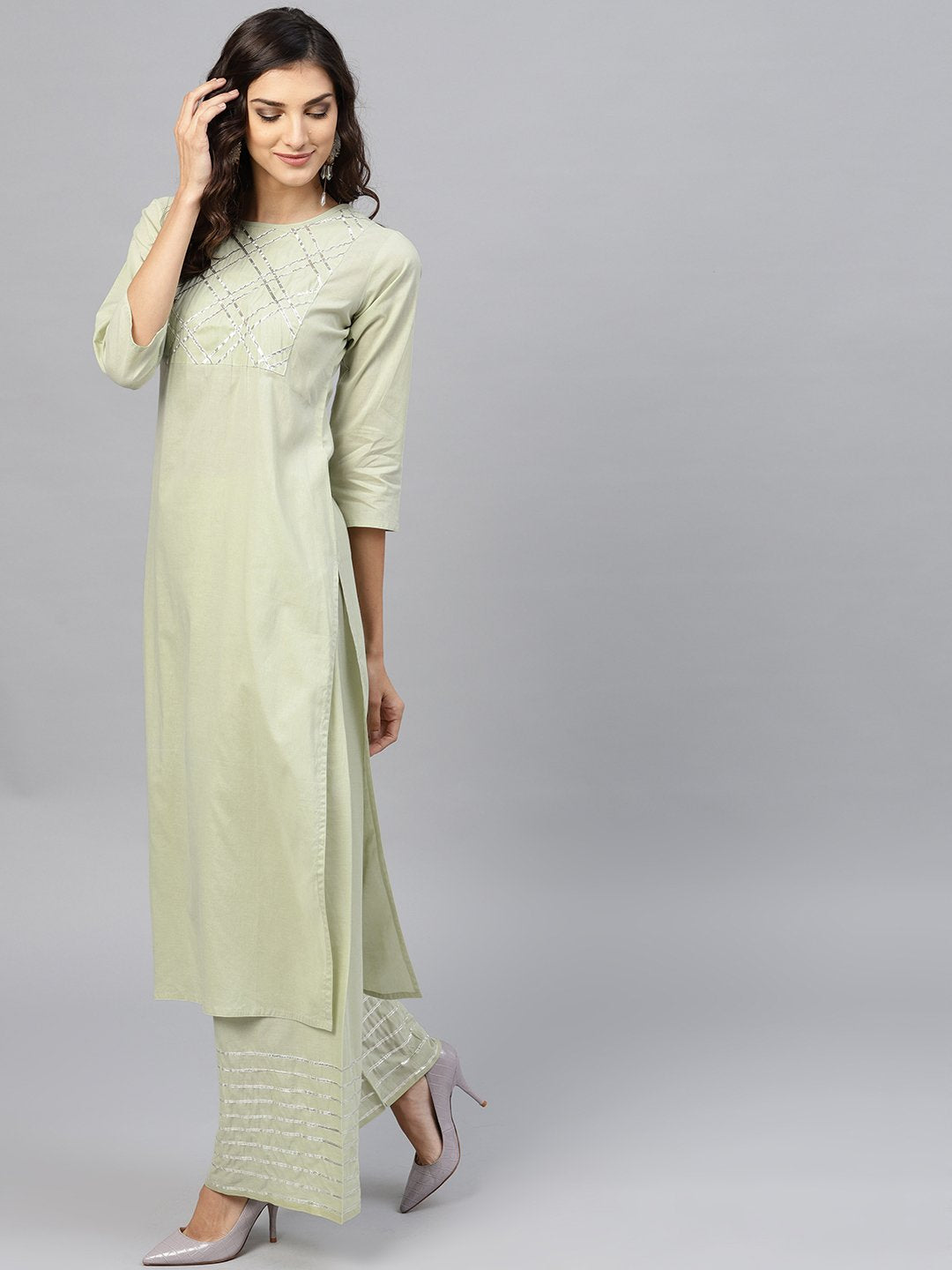 Women's Pastel Green 3/4Th Sleeve Cotton Kurta With Gotta Patti Work At Yoke And Ankle Length Palazzo - Nayo Clothing