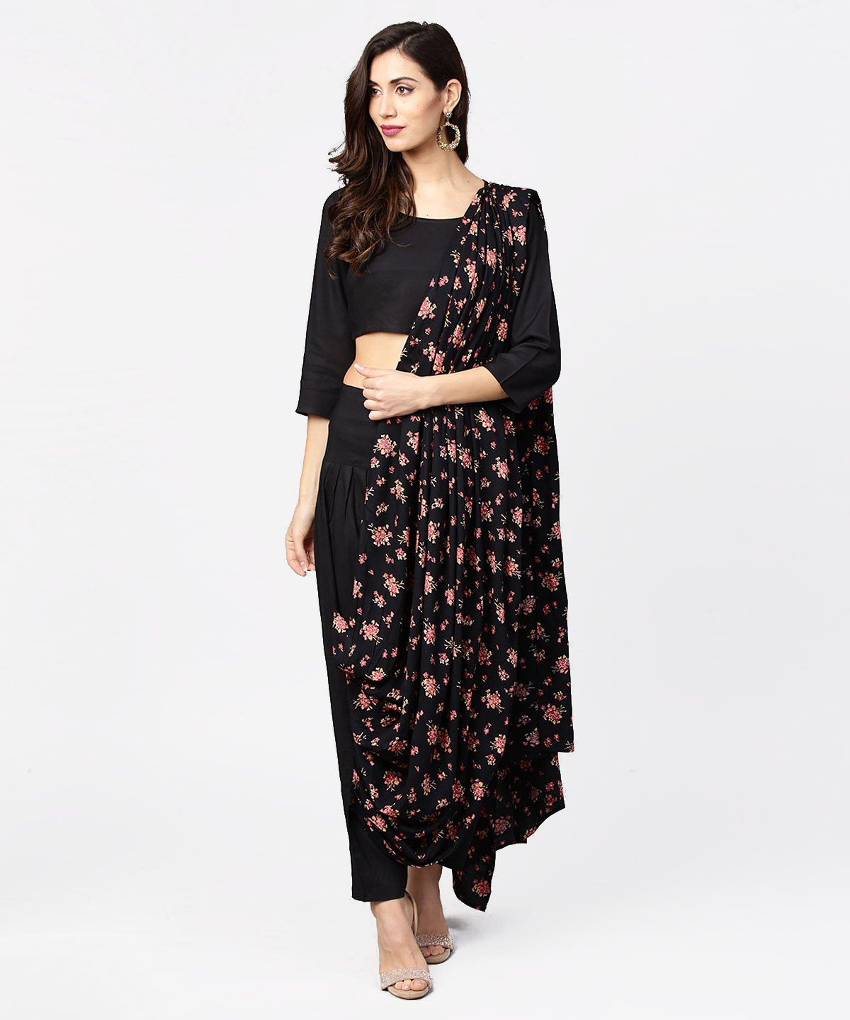 Women's Black Printed Palazzo Saree With 3/4Th Sleeve Round Neck Blouse - Nayo Clothing