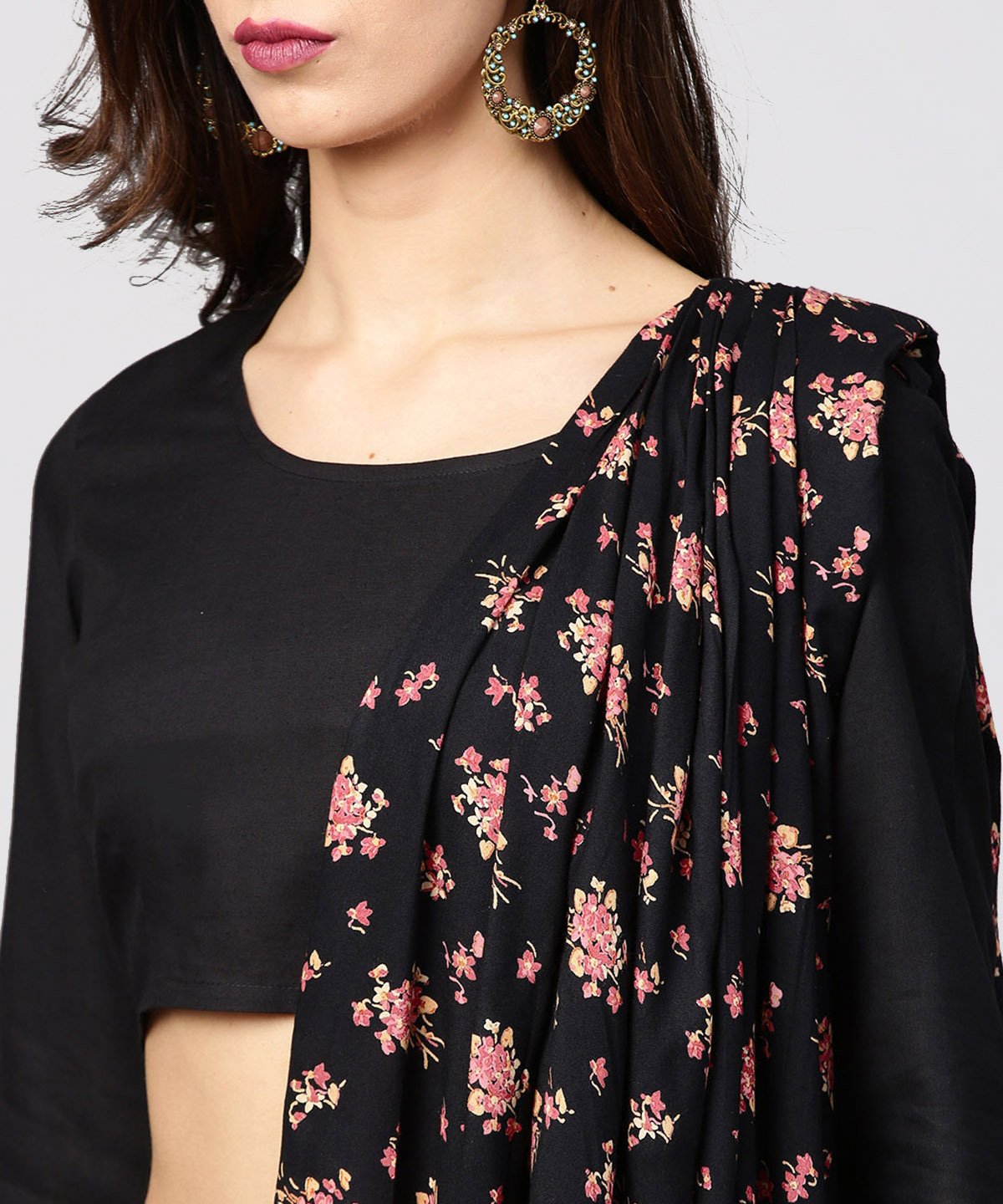 Women's Black Printed Palazzo Saree With 3/4Th Sleeve Round Neck Blouse - Nayo Clothing