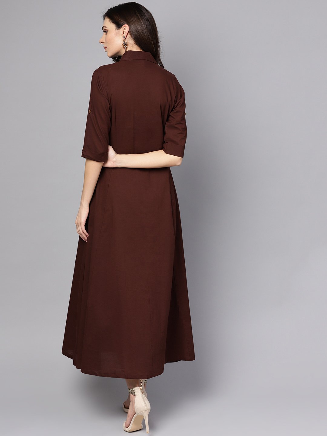 Women's Solid Chocolate Brown Maxi Dress With Shirt Collar & 3/4 Sleeves - Nayo Clothing