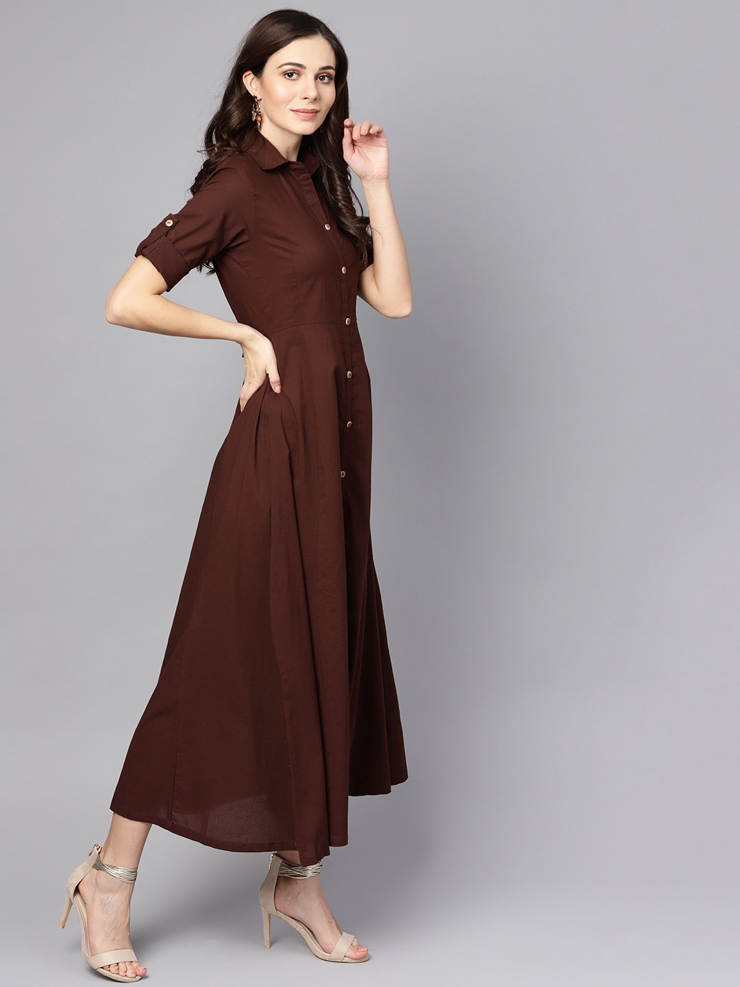 Women's Solid Chocolate Brown Maxi Dress With Shirt Collar & 3/4 Sleeves - Nayo Clothing