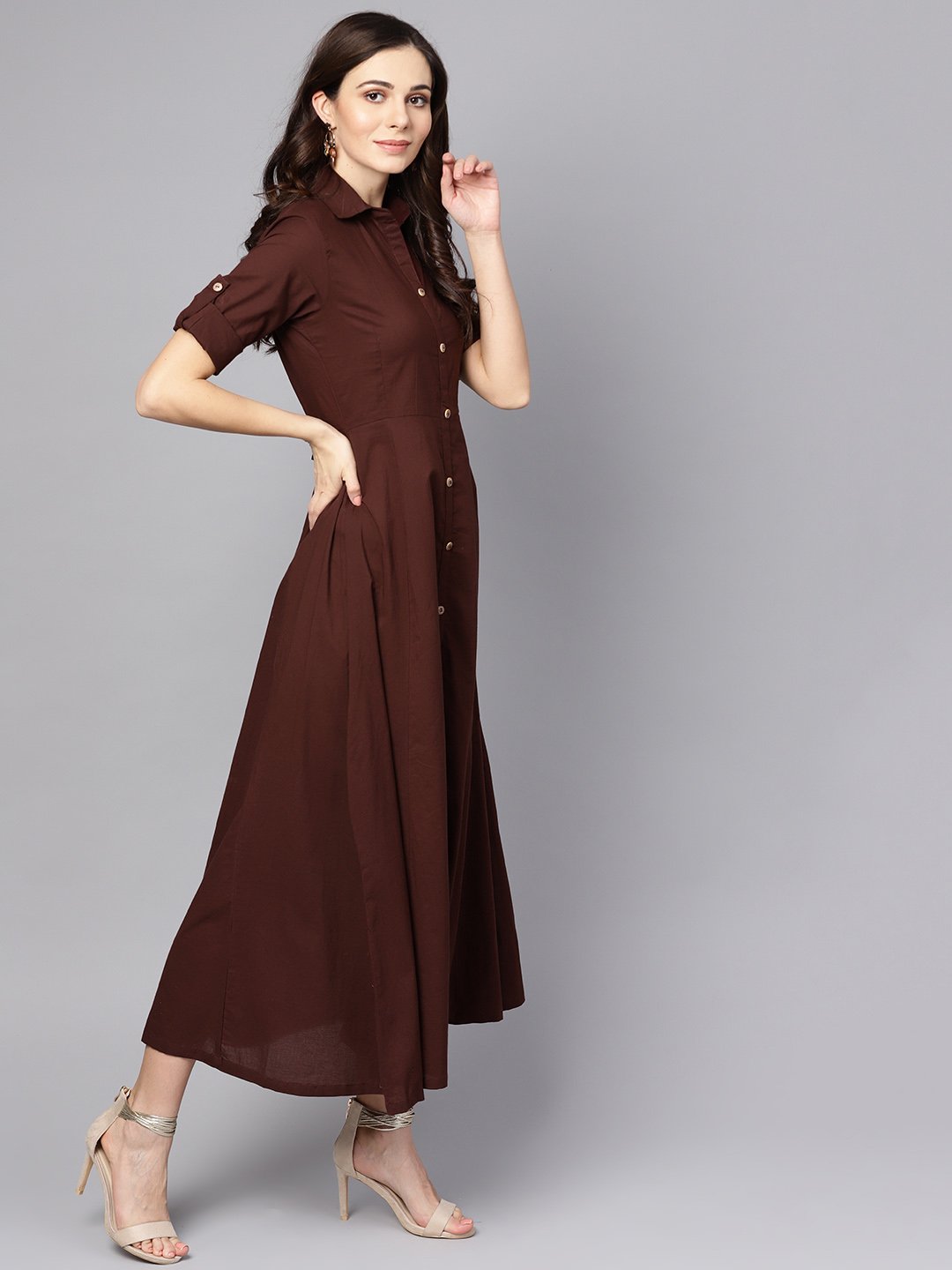 Buy Women's Solid Chocolate Brown Maxi Dress with Shirt Collar & 3/4 sleeves - Nayo Clothing | Trendia. M