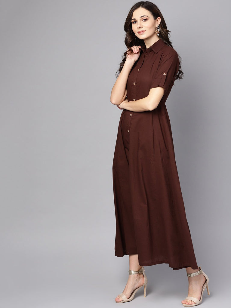Women's Solid Chocolate Brown Maxi Dress With Shirt Collar & 3/4 Sleeves