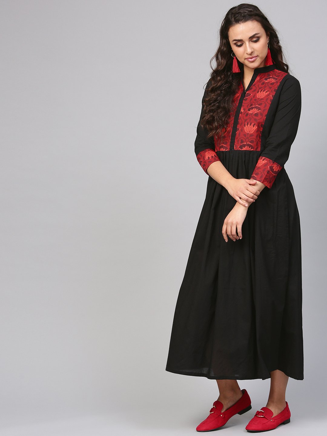 Women's Solid Black Maxi Dress With Printed Front Yoke & Madarin Collar - Nayo Clothing