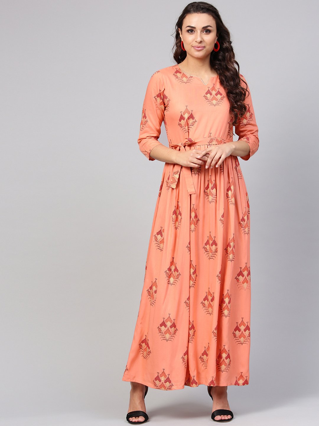 Women's Peach Geometric Maxi Dress With 3/4 Sleeves & Round Neck - Nayo Clothing