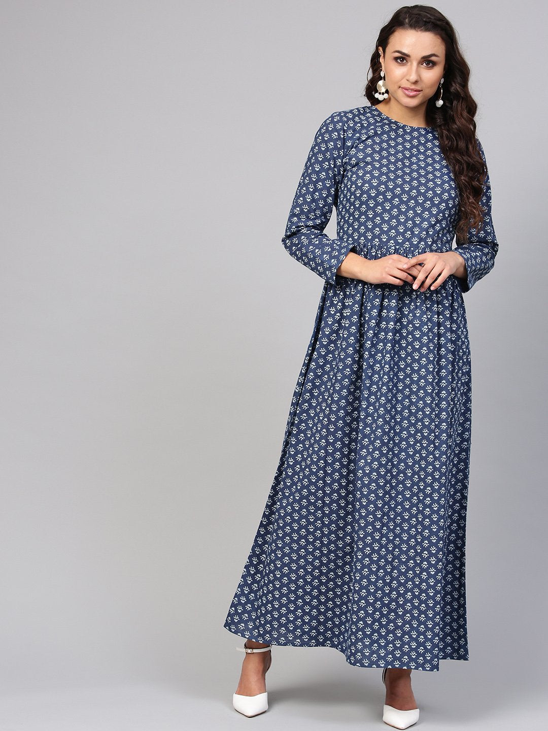 Women's Navy Blue Printed Maxi Dress With Round Neck & Full Sleeves - Nayo Clothing