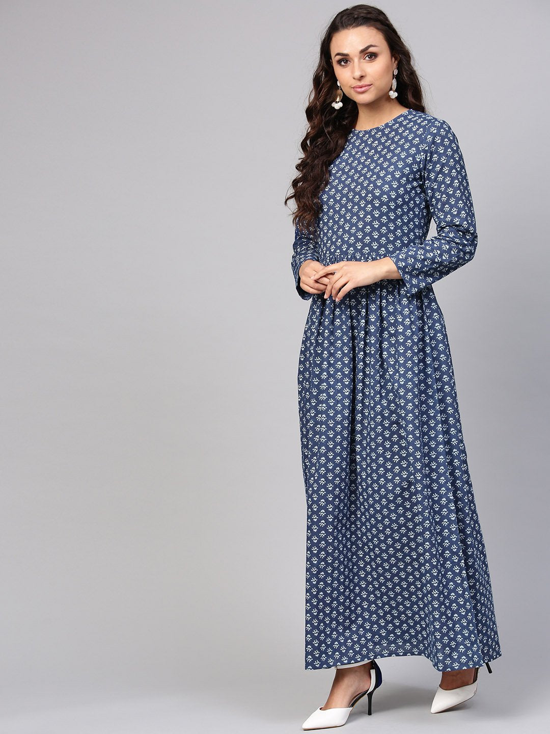 Women's Navy Blue Printed Maxi Dress With Round Neck & Full Sleeves - Nayo Clothing