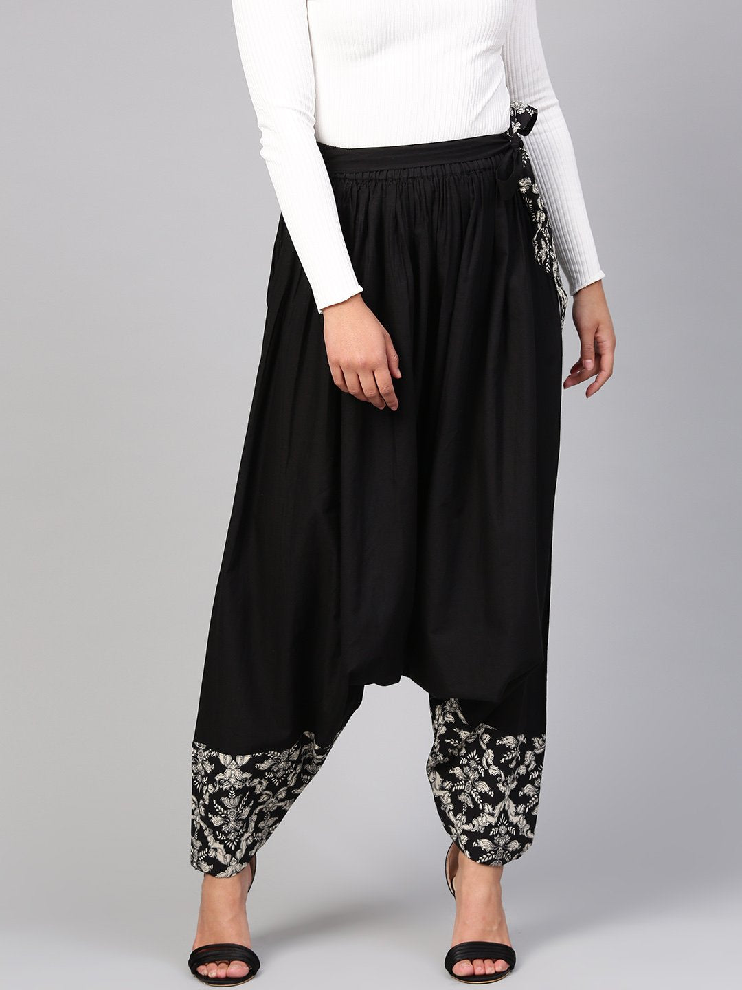 Women's Solid Black Detailed With Print Harem - Nayo Clothing