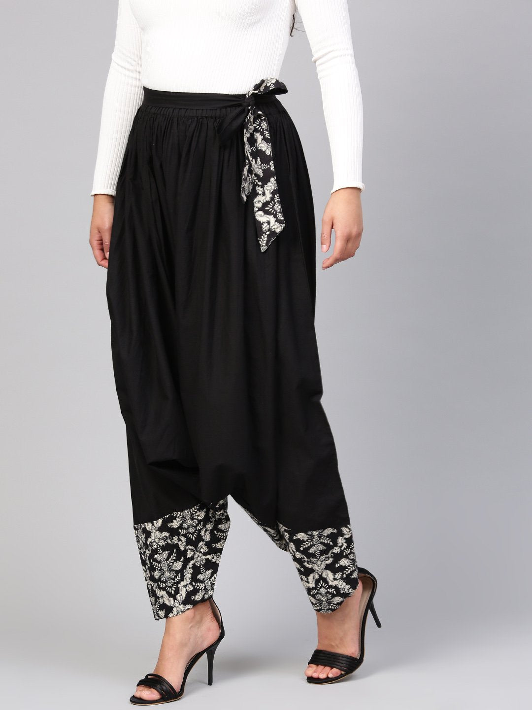 Women's Solid Black Detailed With Print Harem - Nayo Clothing
