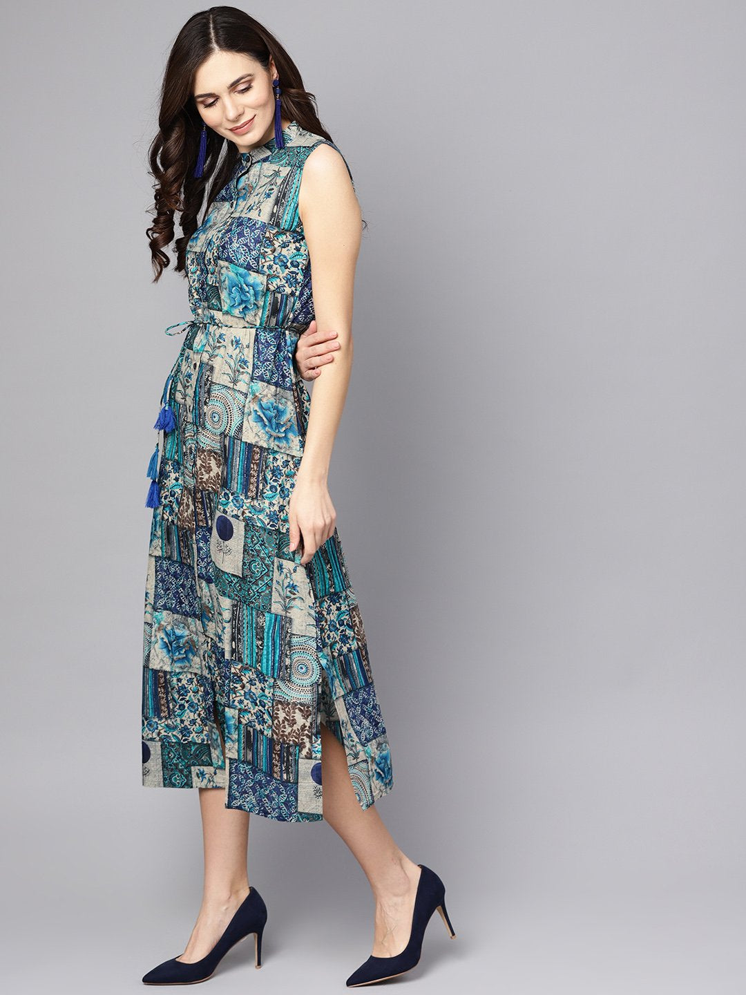 Women's Multi Colored Ankle Length Dress With Madarin Collar - Nayo Clothing