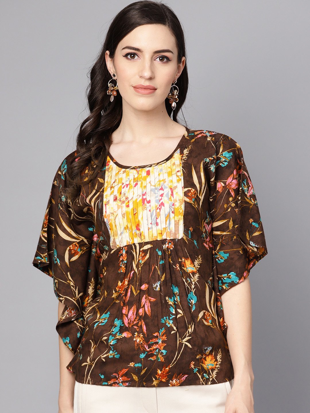 Women's Chocolate Brown Multi Colored  Kaftaan Top With Pleated Yoke - Nayo Clothing