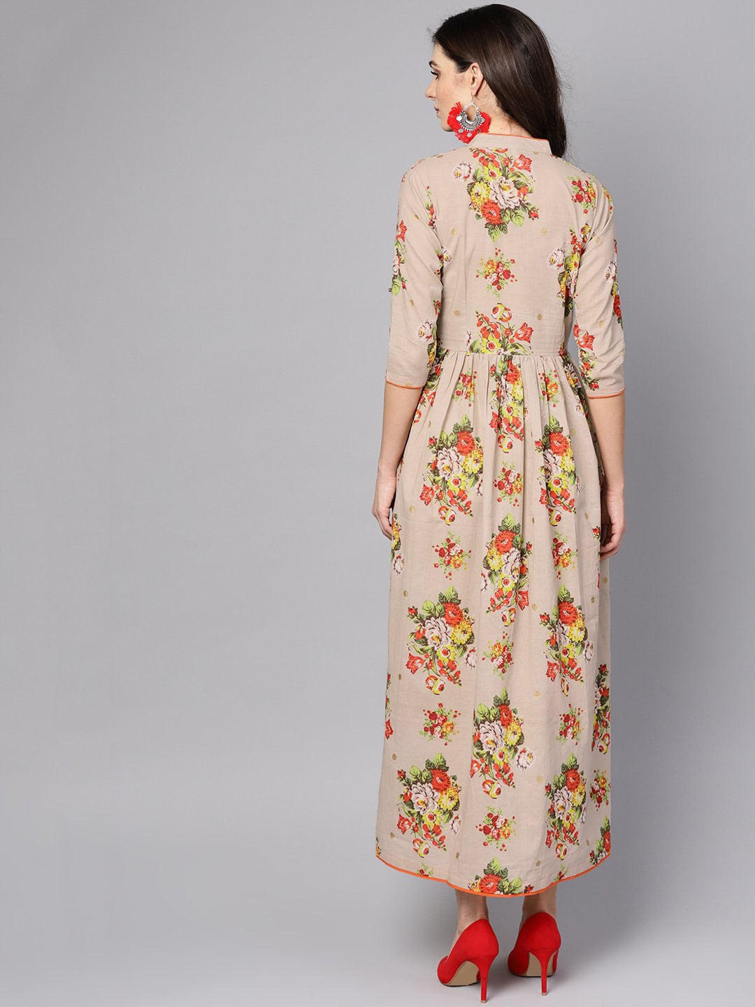 Women's Beige Multi Colored Angrakha Style Maxi Dress Emblished With Tassels - Nayo Clothing